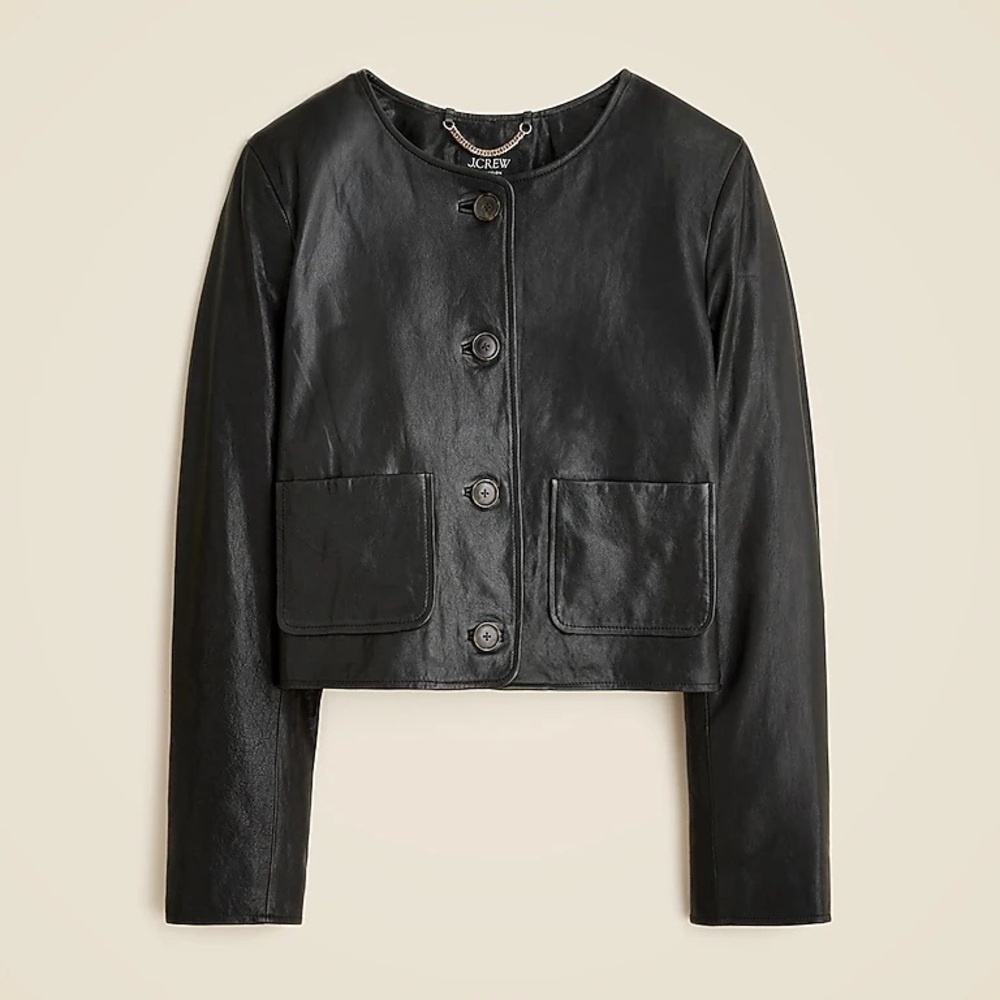 J. Crew Collection Black Leather collarless Cropped Button Jacket size Small New